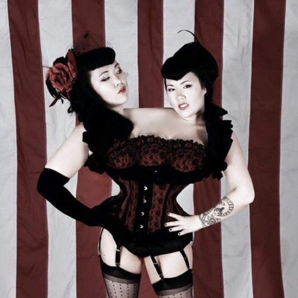 Versatile Corsets gothic red velvet and black lace burlesque ensemble